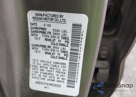 2001 Nissan Pathfinder Le/Se/Xe z USA, uszkodzony, nr VIN JN8DR07Y91W526505